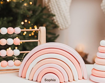 Montessori Spielzeug 2 Jahre altes Mädchen, Stapelringe aus Holz, personalisierte Baby, Weihnachtsgeschenke für Kleinkinder, sensorisches Spielzeug, Abakusperlen, Regenbogen