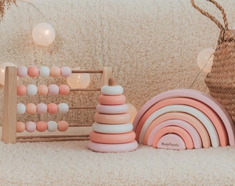 Baby Girl Nursery Decor - Pastel Pink Rainbow - Wooden Rainbow Toy - Boho Rainbow Decor - Montessori Toys -Wooden Ring Stacker