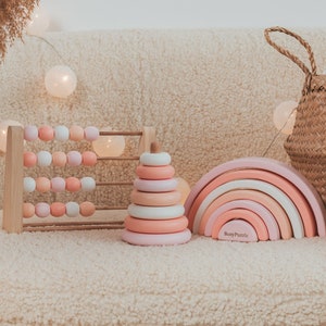 Baby Girl Nursery Decor Pastel Pink Rainbow Wooden Rainbow Toy Boho Rainbow Decor Montessori Toys Wooden Ring Stacker image 1