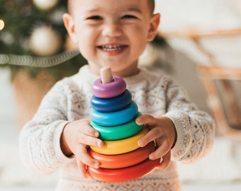 Jouets Montessori, jouet en bois 1 an, anneaux sensoriels à empiler, pyramide nommée et arc-en-ciel, cadeau de Pâques pour neveu et nièce