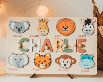 Safari Nursery Decor Name Puzzle Baby Boy and Girl Montessori Toy 1 2 3 Years Old Personalized Gift For Kids 1st Birthday Baby Shower Gifts