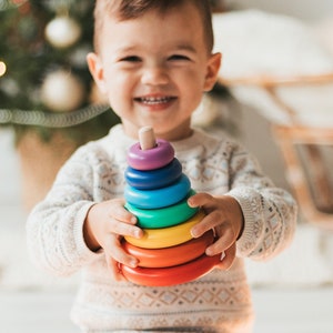 Montessori Toys, Wooden Toy 1 Year Old, Sensory Stacking Rings, Named Pyramid & Rainbow, Easter Gift For Nephew And Niece image 1