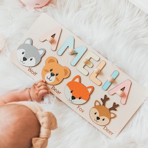 Namenspuzzle mit Tieren, personalisiertes Geschenk für Babys, Weihnachten Korbfüller, erstes Geburtstagsgeschenk, neutrales Babypartygeschenk, Lernspielzeug
