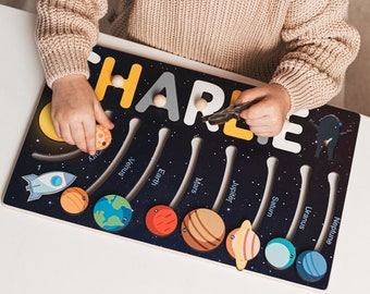 Solar System Busy Board, Moving Planets, Wooden Name Puzzle, Boy Gift, Montessori Toy 1 2 3 Years Old, Unique Gift For Kid, Baby And Toddler