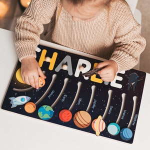 Solar System Busy Board, Moving Planets, Wooden Name Puzzle, Boy Gift, Montessori Toy 1 2 3 Years Old, Unique Gift For Kid, Baby And Toddler