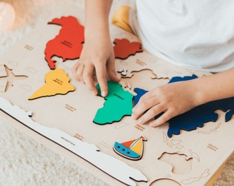 Educational World Map Puzzle For Kids, Wooden Map Board, Baby Boy Birthday Gift, Nursery Decor, Sensory Puzzle For Toddlers