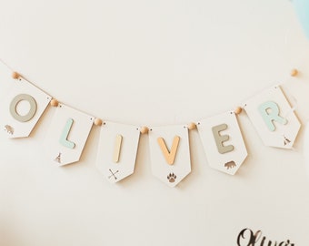 Estandarte de nombre personalizado, guirnalda personalizada para bebé, banderas y empavesados de madera, decoración de fiesta de primer cumpleaños, decoración de guardería de pared, letrero personalizado