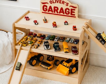 Personalized Large Toy Car Garage, Wooden Car Storage With Ramps, Car Lover Gift For Boys