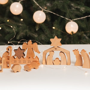 Calendario de Adviento de madera reutilizable con belén de estrella, decoración navideña, cuenta regresiva, decoración navideña para el hogar, regalo de Navidad para niños.
