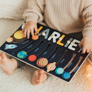 Namenspuzzle mit Planeten des Sonnensystems, Kinderzimmer, Lernspielzeug mit Planeten, Sonne und Erde, Babypartygeschenk, Geschenk für Ostern