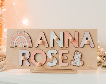 Name Puzzle With Pegs, Personalized Name Puzzle , First Easter, Baby Girl 1st Birthday, Pastel Name Sign, Wooden Gift For Kids