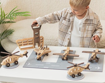 Houten speelgoed. Vliegtuigen en helikopters met naam. Kinderen doen alsof. Zintuiglijk speelgoed. Babyjongen geschenken. Montessori-speelgoed. Houten speelgoedauto's. Fidget-speelgoed.