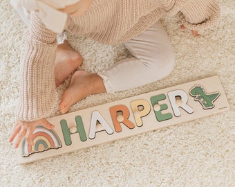 Personalized Newborn Baby Gift, Wooden Name Puzzle, Montessori Toddler Toy, Dinosaur Nursery Name Sign, 1 Year Old Boy Gift, First Christmas