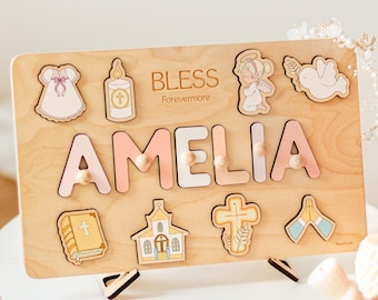 Personalized Baptism Name Puzzle, Wooden Christening Gift for Baby Girl