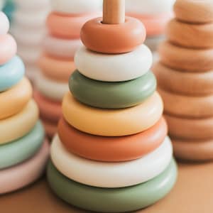 Baby Nursery Decor Khaki Ring Stacker Wooden Baby Toy Rainbow
