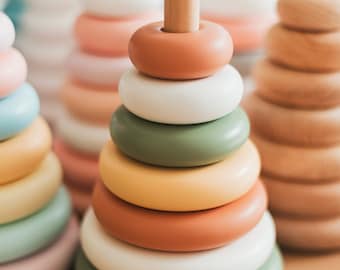 Baby Nursery Decor - Khaki Ring Stacker - Wooden Baby Toy - Rainbow Nursery Decor - Montessori Toys - Pyramid Toy