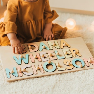 以下が含まれることがあります： DANA WHEELER NICHOLSONという文字が切り抜かれた長方形の木製ネームパズル。文字はピーチ、ミントグリーン、ライトブルーの柔らかな色合いで、それぞれに小さな木製のノブが付いており、持ちやすいデザインになっています。