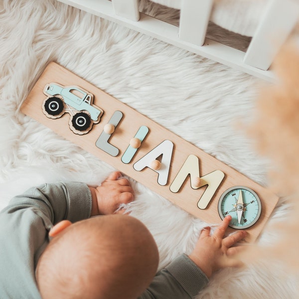 Rompecabezas de nombre de niño, 1er cumpleaños, regalo personalizado, juguetes de madera para niños pequeños, primer regalo de Navidad, niño recién nacido, regalo para sobrino, regalo para él