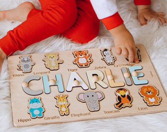 Personalized Montessori Board With Animals. Easter Baby Gifts. Safari Name Puzzle. Sensory Educational Toy. Custom Board 1 2 3 Year Old.