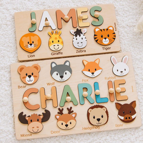 Puzzle con nomi di animali di Busy Puzzle / Regalo per 1° compleanno, baby shower, Pasqua / Bambina e bambino / Personalizzato