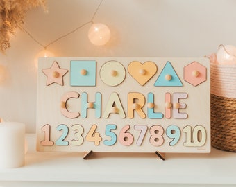 Custom Name Puzzle for Girl - Pastel Rainbow Shapes and Numbers