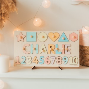 Custom Name Puzzle for Girl - Pastel Rainbow Shapes and Numbers