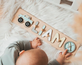 Wooden Name Puzzle With Car, Personalized Stim Toy, Baby First Christmas Gift, Unique Baby Gift, Custom Nursery Decor For Toddlers