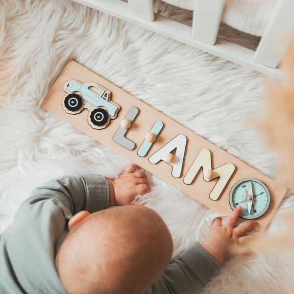 Wooden Name Puzzle With Car, Personalized Stim Toy, Baby First Christmas Gift, Unique Baby Gift, Custom Nursery Decor For Toddlers