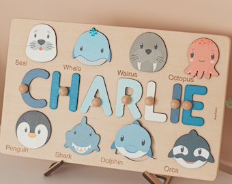 Safari Kinderzimmer Dekor Name Puzzle Baby Junge und Mädchen Montessori Spielzeug 1 2 3 Jahre alt personalisiertes Geschenk für Kinder 1