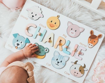 Animal Theme Baby Name Puzzle, Personalized Montessori Board, Easter Gifts For Kids, 2 Yers Old Gift, Stacking Stuffer Toy, Wooden Toys