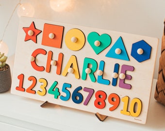 Namenspuzzle aus Holz mit Formen und Zahlen, Lernspielzeug für Kleinkinder, Geburtstags- und Weihnachtsgeschenke für Kinder, personalisiertes Kindergeschenk