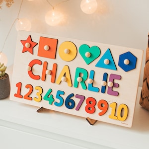 Namenspuzzle aus Holz mit Formen und Zahlen, Lernspielzeug für Kleinkinder, Geburtstags und Weihnachtsgeschenke für Kinder, personalisiertes Kindergeschenk Bild 1