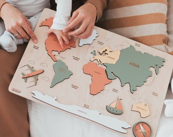 Khaki World Map - Wooden Montessori Toys - Easter Gifts For Kids