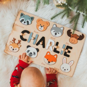 Custom Name Puzzle with Animals, Personalized Birthday Gift, Christmas Gifts For Toddlers, Unique Baby Gift, Wooden Montessori Toys For Kids image 1