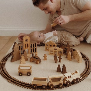 Solid wood toys Wooden village Pretend play houses Birthday boy gift Christmas gifts for kids Wooden train with railway at extra charge image 1