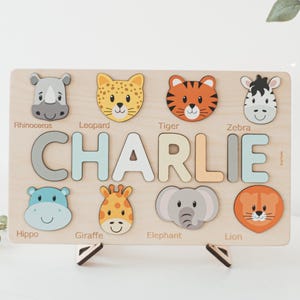 Safari Name Puzzle 1st Birthday Keepsake Montessori Board With Animals Toddler Toy Personalized Baby Gift Wooden Puzzles Custom Baptism Gift