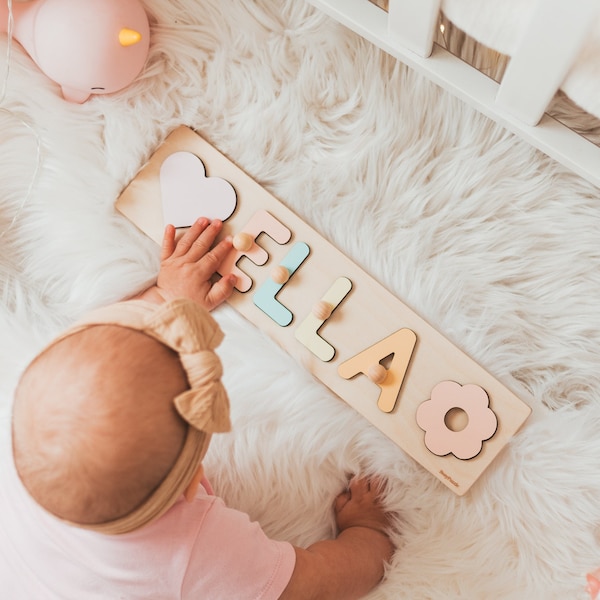 Kleinkind Namenspuzzle, Montessori Holzspielzeug, personalisiertes Babymädchen Geschenk, Einzigartiges erstes Ostergeschenk, Babypartygeschenk, 1 Jahr altes Geschenk