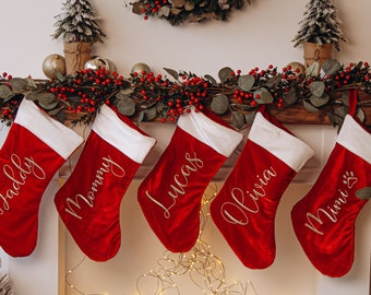 Adorable Velvet Christmas Stockings With Gold Embroidered Names. Personalized Family Stockings. Holiday Home Decoration. Christmas Accents.