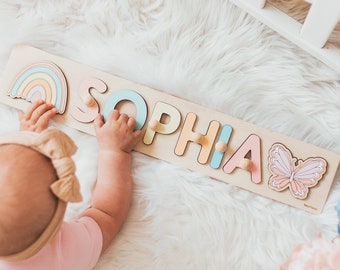 Custom Name Puzzle with Pegs, Personalized Puzzle With Mermaid at Extra Charge, 1st Birthday Baby Girl, Little Christmas Gifts, Wooden Toys,