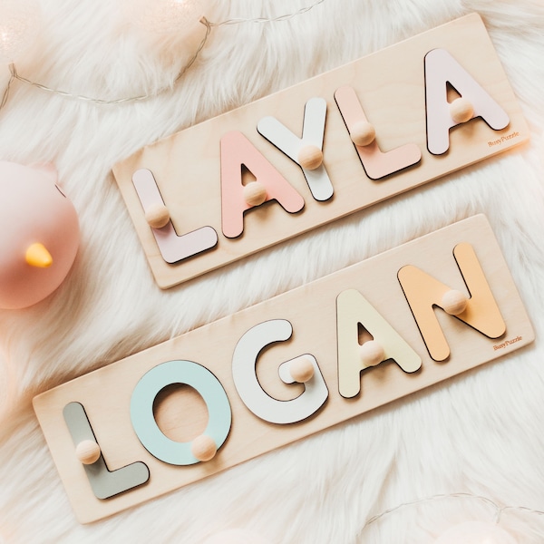 Wood Name Puzzle With Pegs - Sensory Toys - Baby Girl and Boy - Gift for Toddlers - 1st Birthday - Wooden Toys - Newborn Gift Personalized