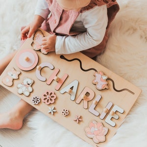 Busy Board For Toddler Girl | Wooden Montessori Toy For Kids | Baby Name Puzzle | Personalized Birthday Gift | First Christmas Gift For Kids