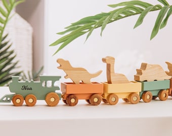 Tren de carga personalizado con dinosaurio, regalo de cumpleaños, tren de carga con animales, juguetes de madera para niños pequeños, juego de simulación, juguetes antiestrés, regalo de bautismo.