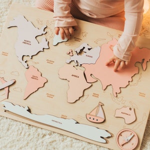 Rompecabezas de mapa del mundo para niñas de más de 3 años, juguete educativo, regalo de cumpleaños para bebé, regalo de Navidad para niños, decoración de habitación rosa, rompecabezas Montessori.