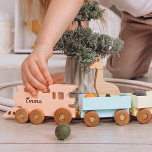 Wooden Toy Train With Set of Animals Personalized Name Gift For Kids 1st Birthday Boy and Girl Gift For Toddlers Sensory Toys Nursery Decor image 5