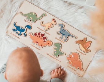 Dinosaur Montessori Board | Wooden Puzzle With Dino | First Easter Gift | Boy Birthday Gift | Dinosaur Nursery Decor | Baby Shower Gift