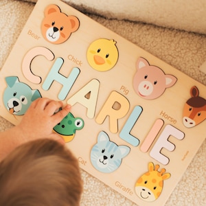 Custom Baby Girl and Boy Birthday Gift Animals Wooden Name Puzzle Montessori Toddler Toys Baby First Christmas Present Cute Baby Shower Gift
