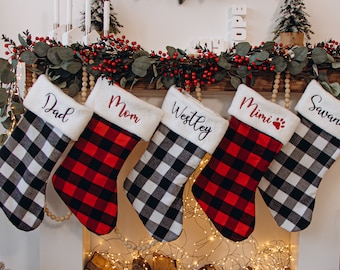 Plaid Stockings With Names, Personalized Embroidered Christmas Stockings, Holiday Decor Gift, Family Stockings Set of 6, Holiday Stockings