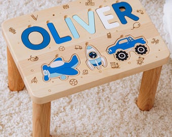 Banquinho Quebra-Cabeça Personalizado com Nome – Banquinho de Madeira para Aniversário e Natal Infantil