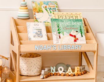 Personalized Bookshelf for Baby Boy, Wooden Toddler Book Display, Custom Kids Name Nursery Shelf, Baby Birthday Gift, Playroom Furniture