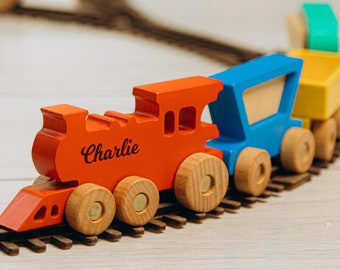 Toy Train With Name. Wooden Train With Railways. Personalized Gift For Kids. Sensory Toys. 1st Birthday Gift. Baptism Boy Gift. Baby Gifts.